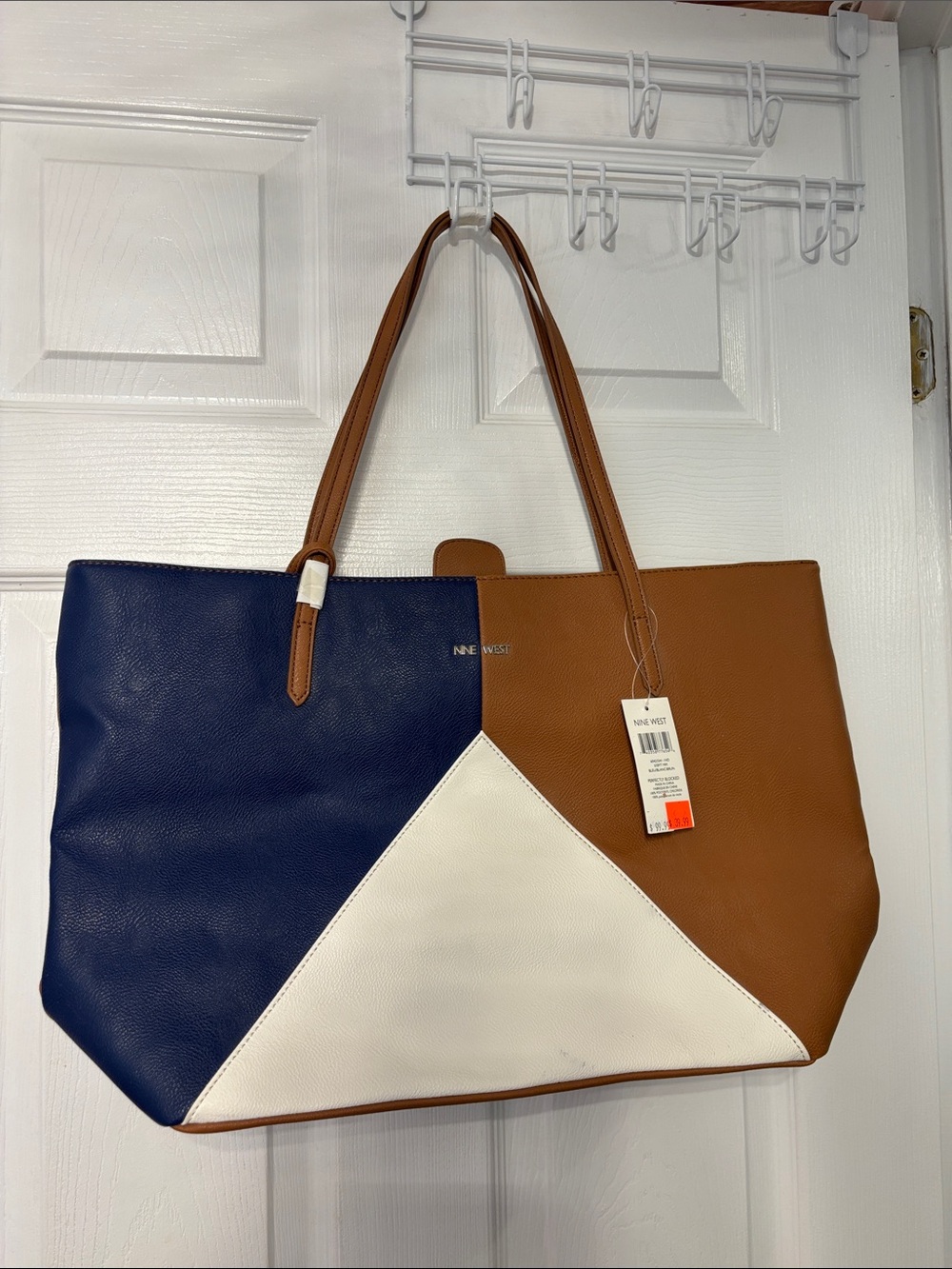 Nine West Tri-Panel Colorblock Tote in Navy, Brown & White